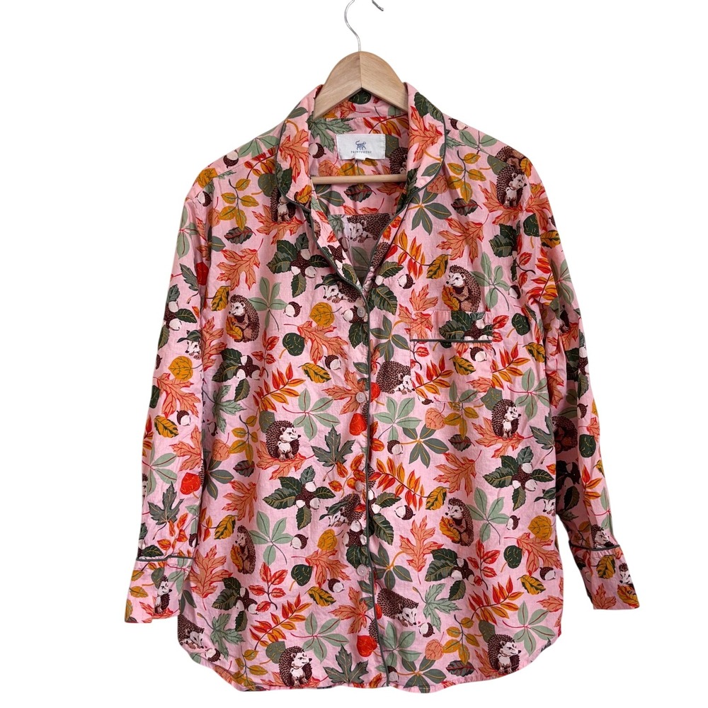 Printfresh Womens Hedgehog Fall Leaf Pajama Top Large Peach 100% Organic Cotton